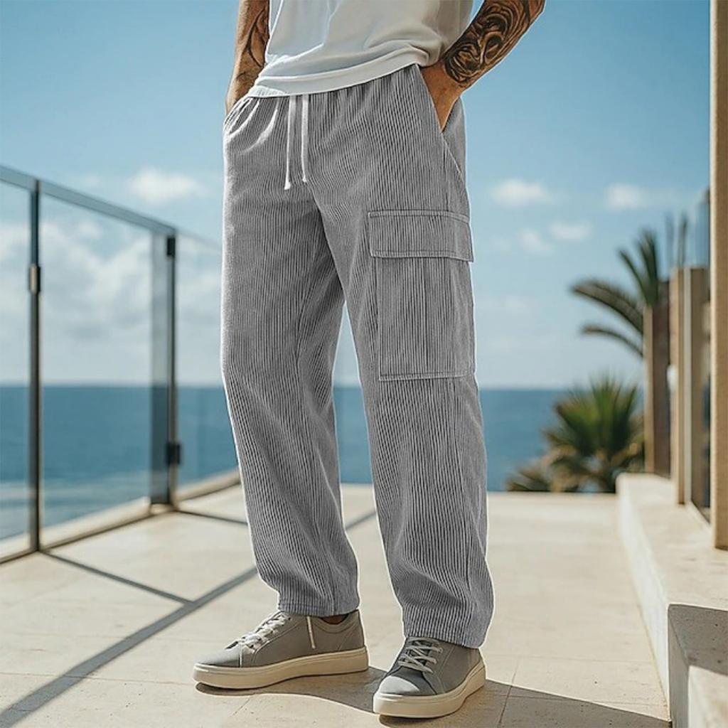 Mens Casual Corduroy Pants Elastic Waist Drawstring Sweatpants Casual Baggy Straight Cargo Pants Streetwear