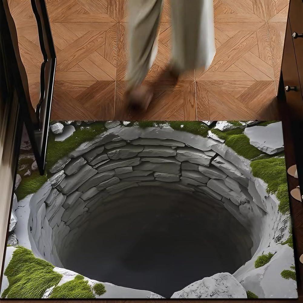 

3D Optical Illusion Stone Hole Print Doormat Square Natural Vintage Style Non-Slip Entryway Rug for Indoor Outdoor Decor Carpet 30x50cm