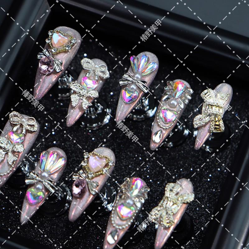 Sweet Girl Press-On Nails With Heart Bow Rhinestone Design Long Almond Shape Acrylic False Women