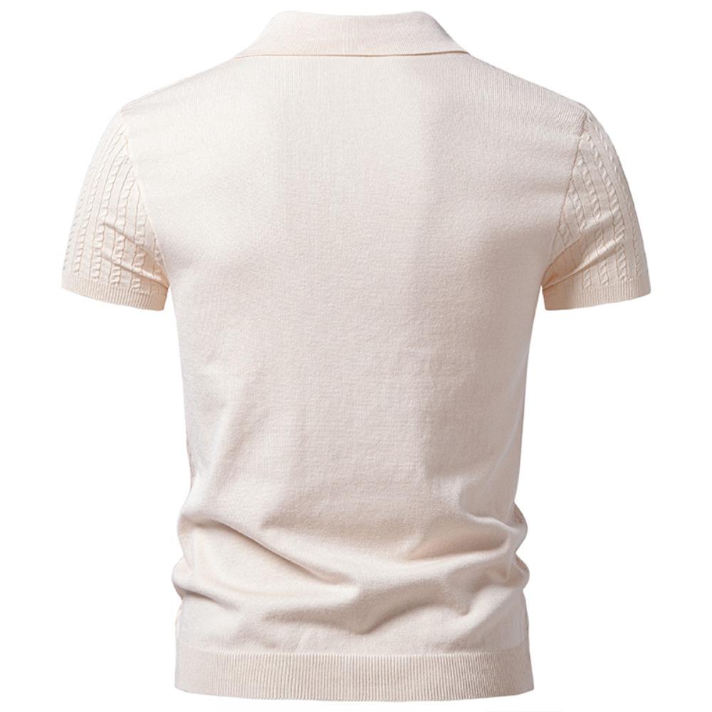 Summer/Autumn Men's V-neck Cable Knit Short Sleeve T-shirt - Business Casual Style