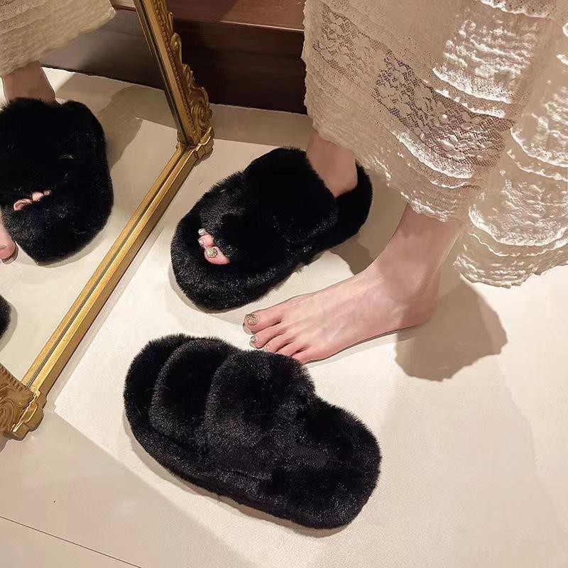 Mao Mao slippers women's new high-end outdoor wear versatile autumn and winter one-word thick-bottomed cotton slippers