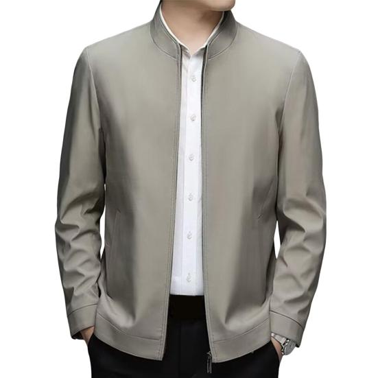 Men Jacket Lapel Long Sleeve Zipper Placket Middle-aged Coat with Side Pockets Solid Color Casual Jacket Outwear