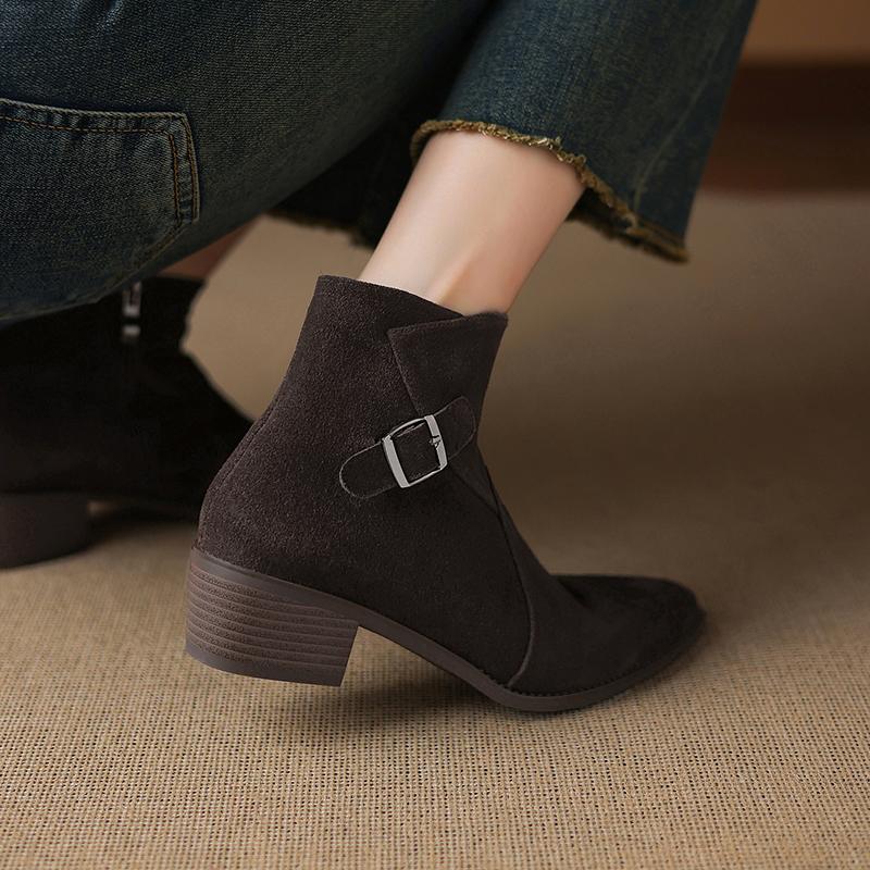 Fashion 2025 NEW Autumn Women Boots Cow Suede Leather Women Shoes Pointed Toe Ankle Boots Chunky Heel Western Modern Chelsea Boots