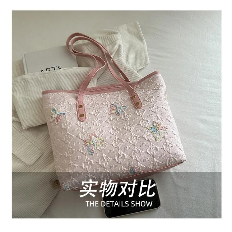 Casual Embroidered Butterfly Shoulder Bags for Women Sweet Ladies Large Capacity Handbags Plaid Portable College Girls Tote Bag