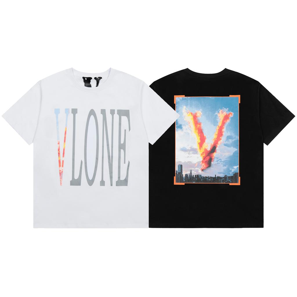 Vlone City Fire V Print Oversized T-shirt, Men's and Women's Casual Hip Hop Streetwear Short Sleeve Tee