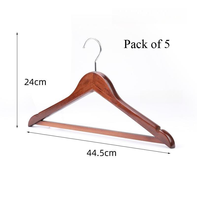 Wooden Hangers 5pcs Solid Wood Coat Hanger Heavy Duty, Smooth Finish High-Grade Wooden Clothes Hanger with Non Slip Pant Bar, 360° Swivel Hook