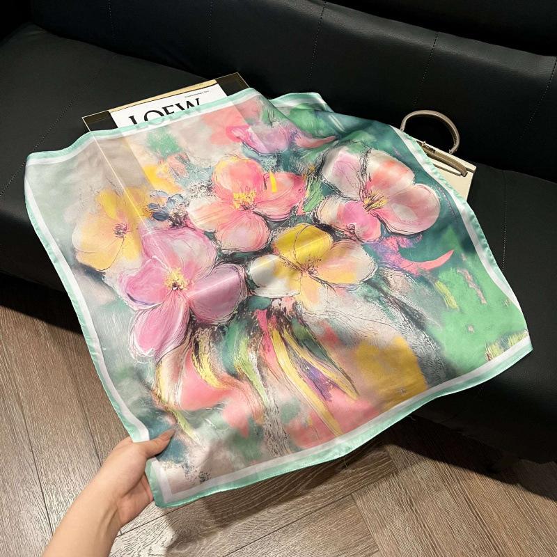 Fashion Black and White Printing Temperament Square Scarf Imitation Silk Korean Version Decorative Scarf Scarf Professional Decorative Shawl Silk Scar