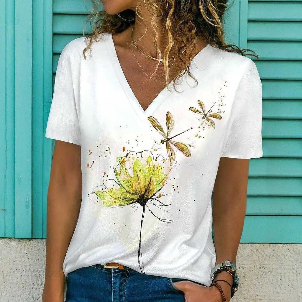 Women's T-shirt Summer Women's Short V-neck T-shirt Women's White Fashion Ladies T-shirt Tops