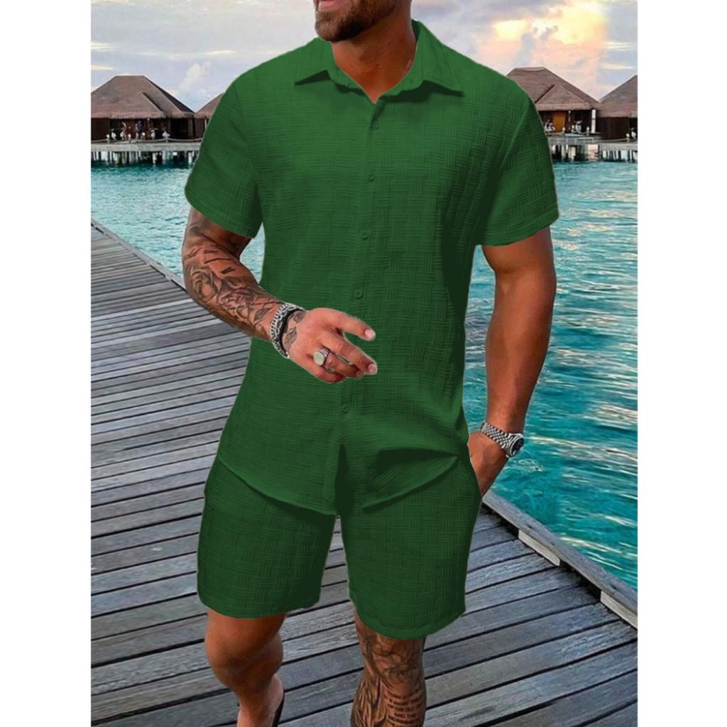Men's Lightweight Summer Beach Set: Casual Short Sleeved Button Up Shirt and Elastic Waisted Shorts - Polyester Fiber Blend, Beach Casual Clothing
