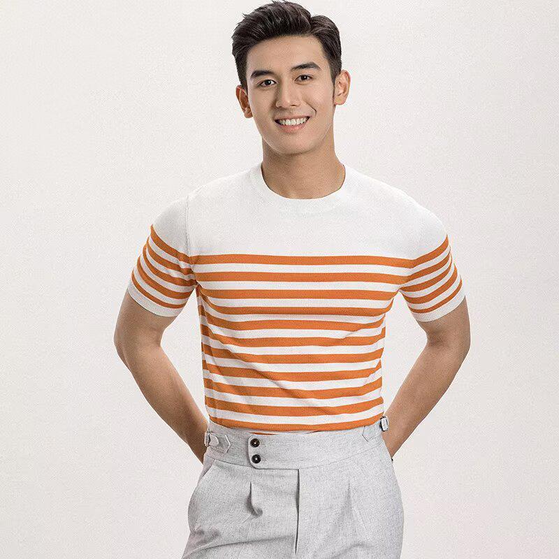 

Мужская трикотажная футболка с коротким рукавом и круглым вырезом в стиле ретро, в полоску, для повседневного делового стиля XL