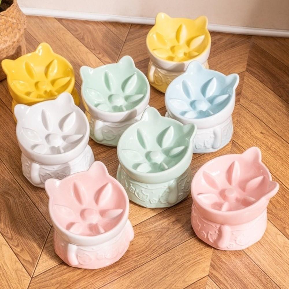 Slanted Mouth Pet Feeder Bowl Ceramic Cat High Foot Bowl Cat Slow Food Bowl  for Feeding