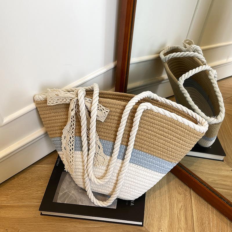 

Летняя новая контрастная полоска большая вместимость плетеная приморский отпуск пляжный досуг тоут портативная сумка через плечо No silk scarf синий