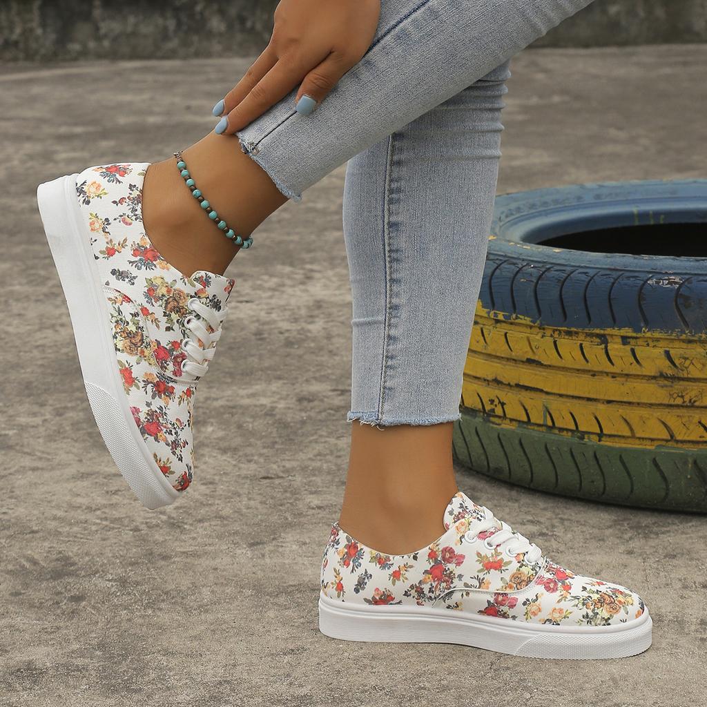Sneakers Damskie Buty Sznurowane z Nadrukiem Kwiatowym Okrągły Nosek Damskie Płaskie Buty Pojedynczy But Sznurowane Casualowe Płaskie Sneakersy