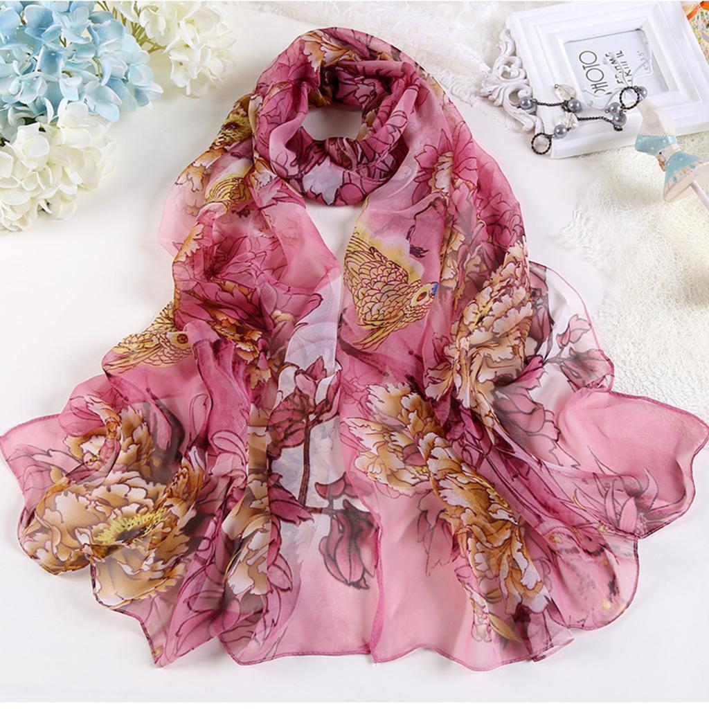 Four Seasons Thin Soft Chiffon Women Peony Flower Printing Beach Silky Georgette Scarf Shawls Long Wraps Beach Sunscreen Hijab