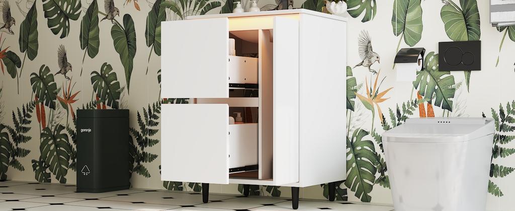 61*46.5*87cm, Freestanding Bathroom Washstand, Lacquered Surface, Integrated Ceramic Basin, Soft-Close Hinges, Two Drawers, High Foot Design, White.