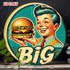 D Flat Retro Vintage Metal Sign Featuring a Happy Boy Holding a Big Hamburger American Diner Style Tin Plaque for Cafe Restaur