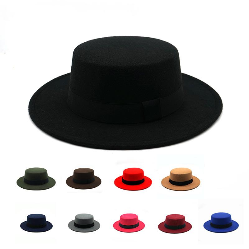 Autumn Winter Large Flat Brim Woolen Warm Hat Retro British Style Black Ribbon Flat Top Gentleman Style for Men Women Casual