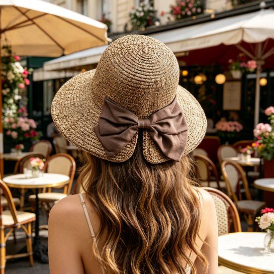 Women Beach Hat, Wide Brim Sun Protection Hat, Foldable Straw Summer Hat with Bowknot Decor, Breathable Outdoor Hat for Fishing, Travel