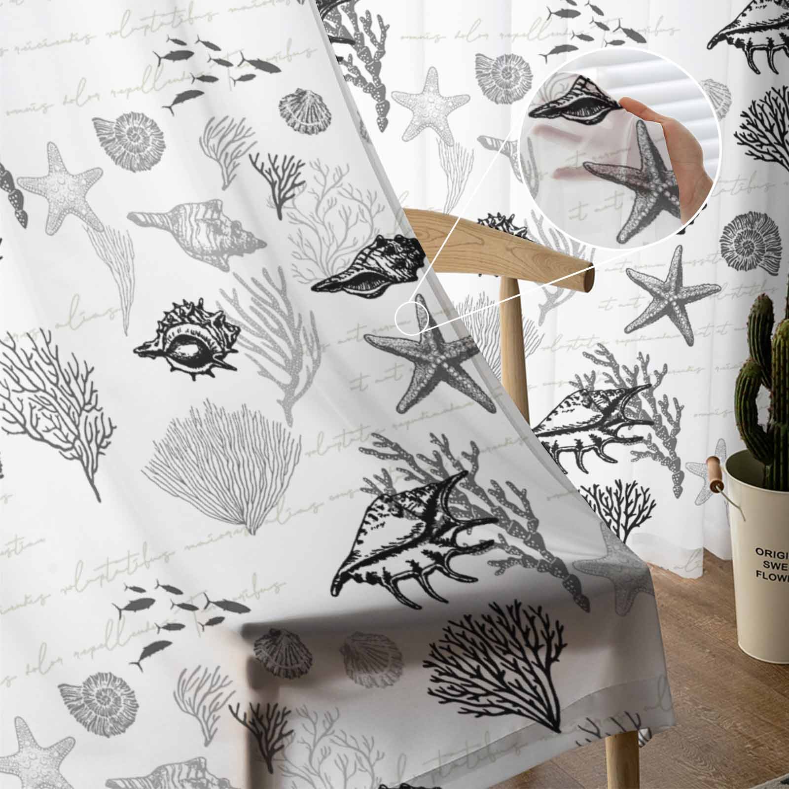 Ракушка морской звезды коралловый винтажный черный серый тюль для оконных штор — фото 5