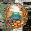 2D Flat, 1pc "Autumn Harvest Truck with Sunflowers and Pumpkins" Pattern Metal Aluminum Round Decor Sign, Suitable for Rooms/Dining