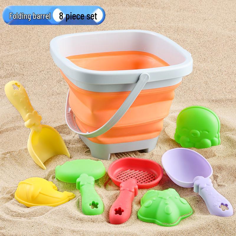 Cross-border Kid's Beach Toy Set: Folding Bucket, Shovel, Sand Tools & Sandglass Accessories