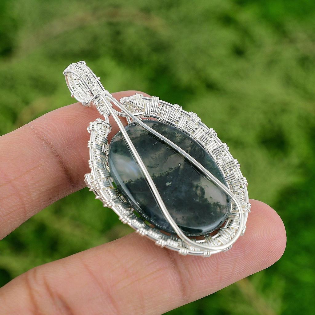 Solar Moss Agate Gemstone Wife Birthday Wire Wrapping Pendant Sterling Silver