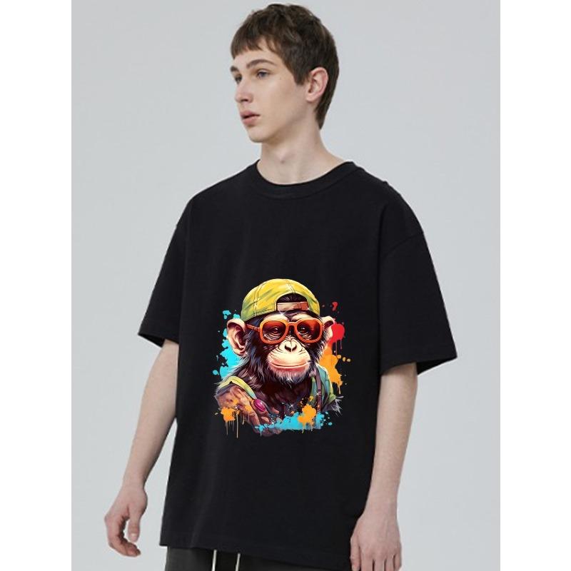 

Black T Shirt with Monkey Wearing Cap and Sunglasses Print for Casual Wear XXXXL чёрный