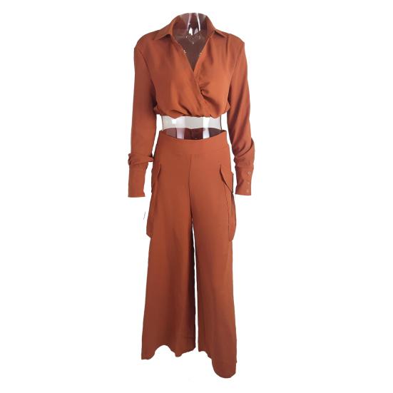 Women's 2 Piece Outfits Casual Long Sleeve Lapel V Neck Crop Shirts Wide Leg Pant Matching Set Fall Spring Travel Lounge Set