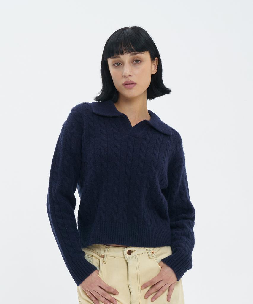BLOND9 Cable Open Collar Knit_Navy
