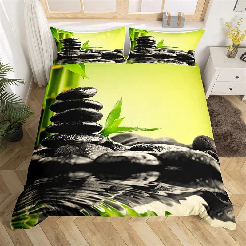 Zen Stones Duvet Cover Bamboo Phalaenopsis Bedding Set Meditation Quilt Cover Microfiber Tranquil Nature Artwork Bedspread Cover