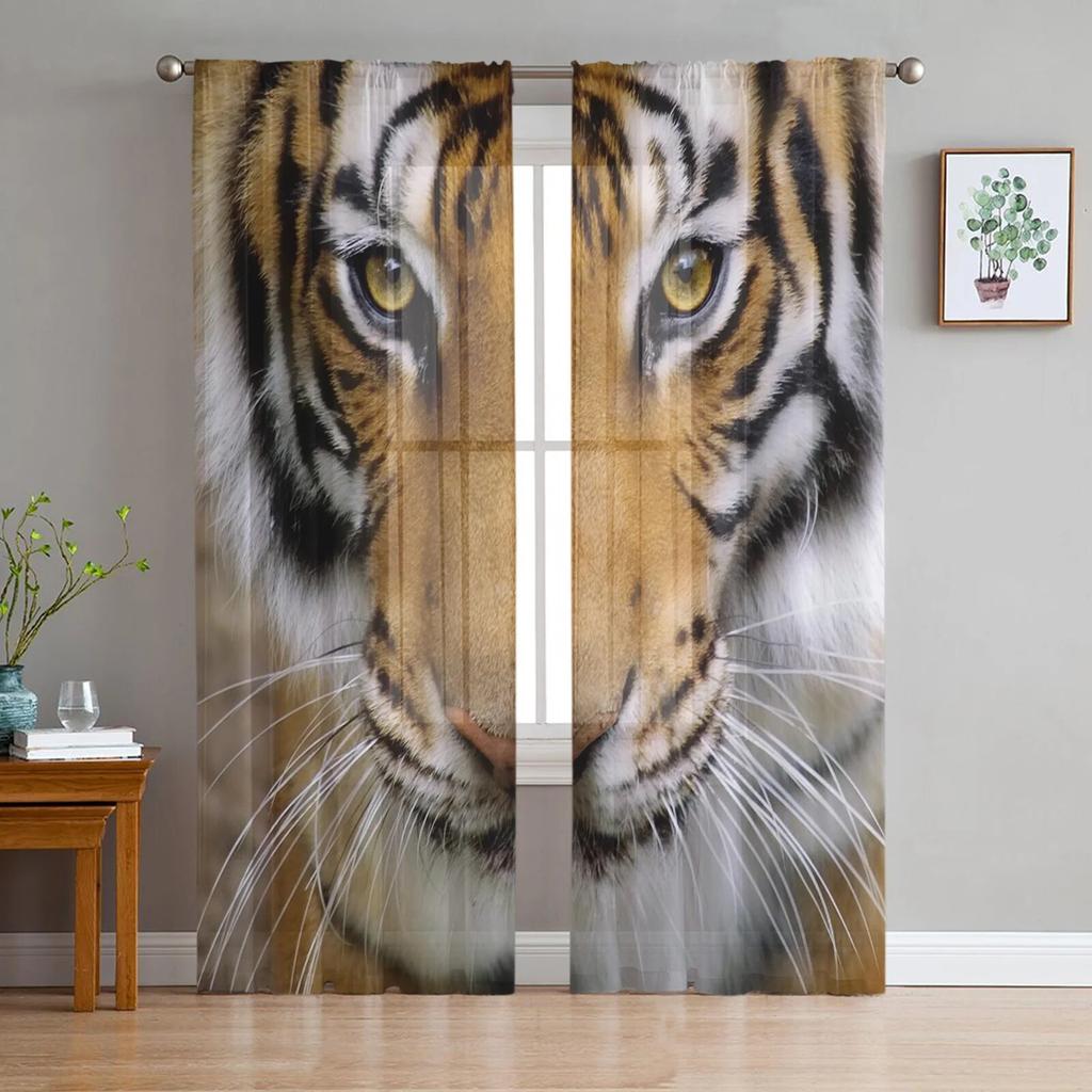 White Tiger Art Minimalistyczny Abstrakcyjny Niebieskie Oczy Sheer Zasłony dla Dzieci Dziewczyna Sypialnia Salon Okno Falbany Wystrój Kuchni