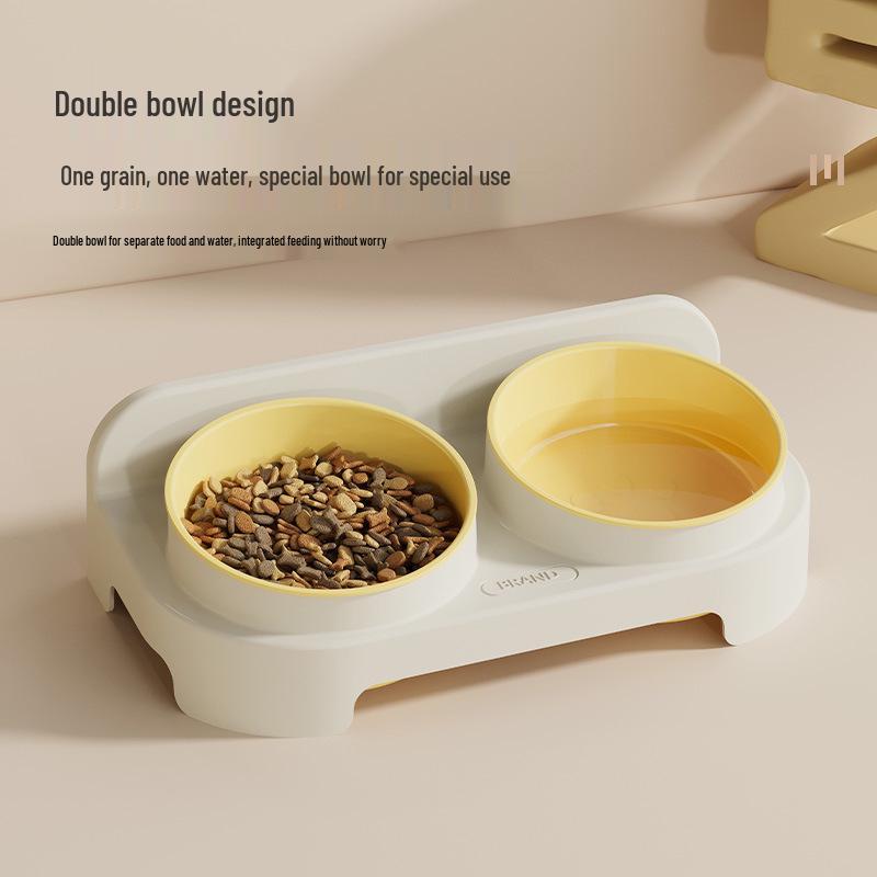 Eco-friendly Double Cat Bowl with Slanted Design - Protects Cervical Spine and Prevents Overturning, Suitable for Food and Water.