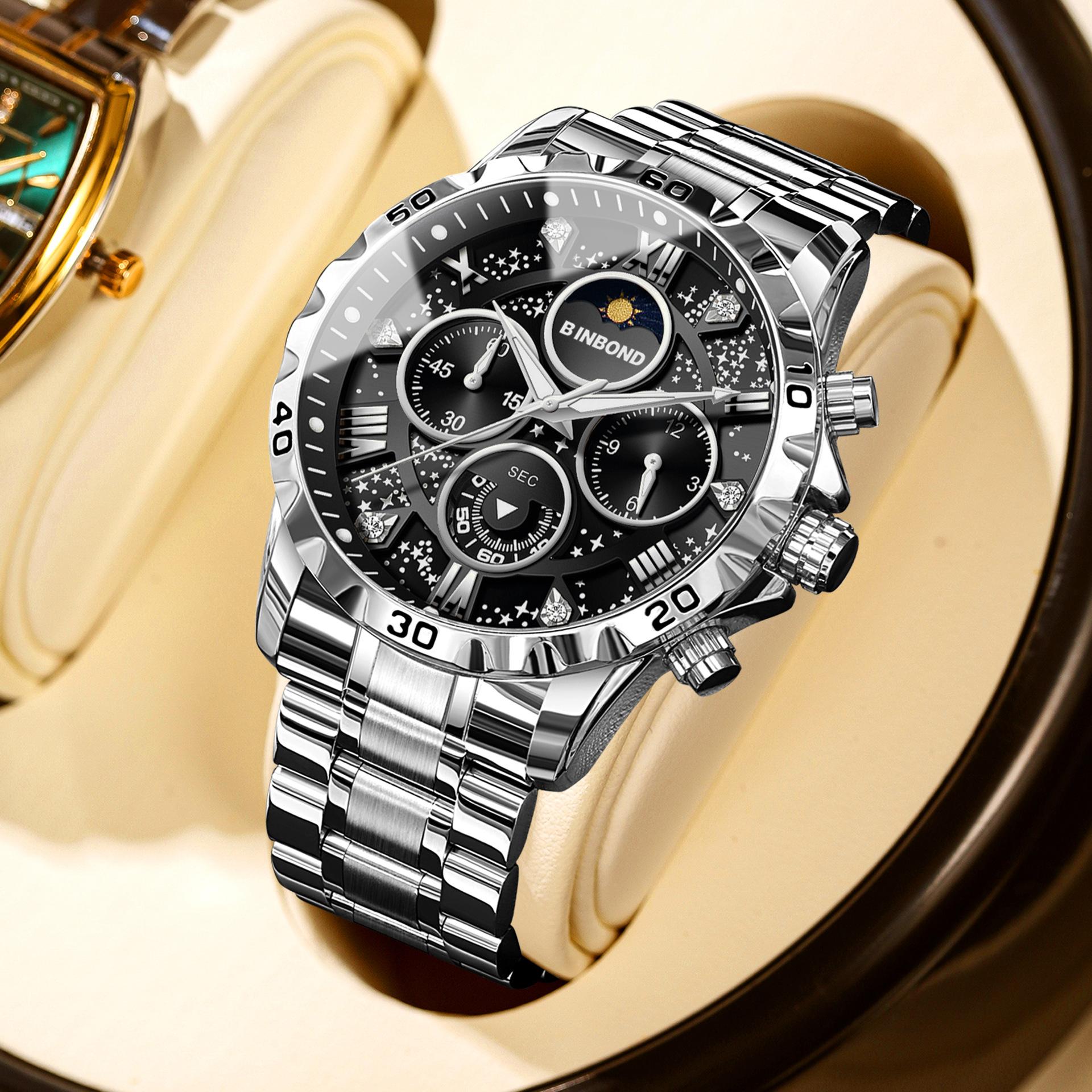 

BINBOND Часы-хронограф, модные мужские часы, водонепроницаемые, со стразами, циферблат из нержавеющей стали, кварцевые часы, подарок чёрный/серебряный