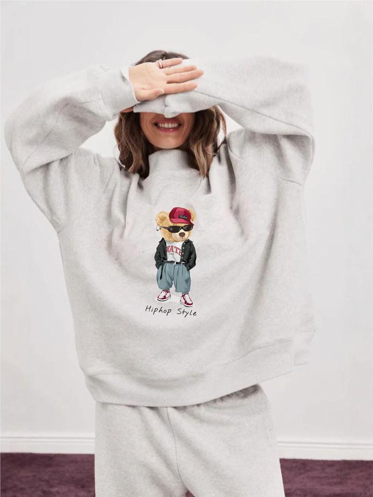 Spring & Autumn Women's Trendy Printed Loose Hoodie with Medium-High Collar and Long Sleeves