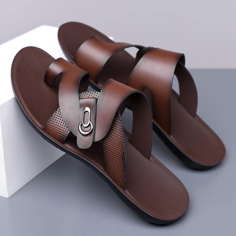 Men Black Leather Slippers Simple Flats Summer White Outdoor Brown Open Toe Wide Head Beach Shoes Plus Size