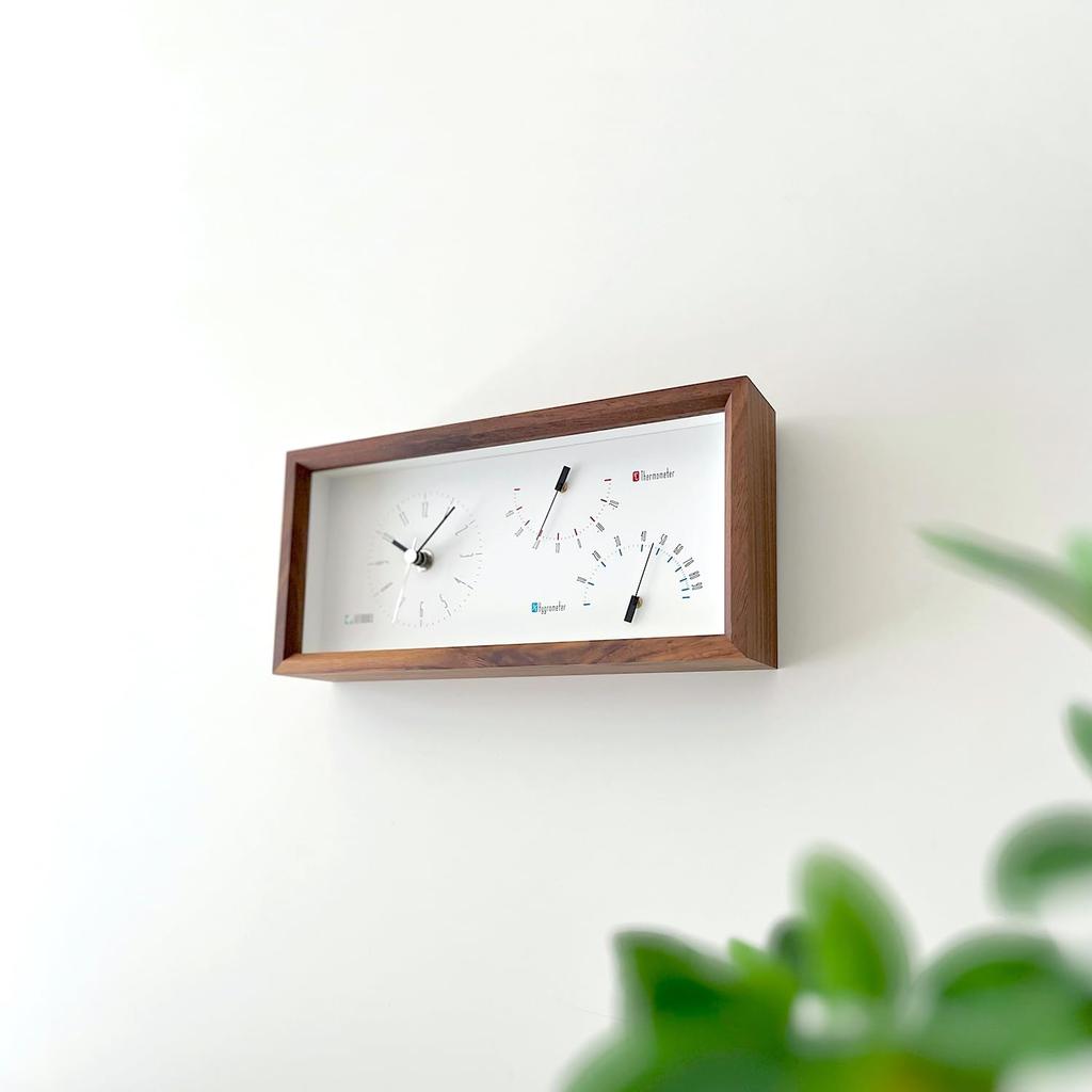 KATOMOKU Thermo Clock Walnut km-152WA Wooden Clock with Thermometer and Hygrometer, Wall or Tabletop Use, 25.5 x 12.1 x 4.6 cm