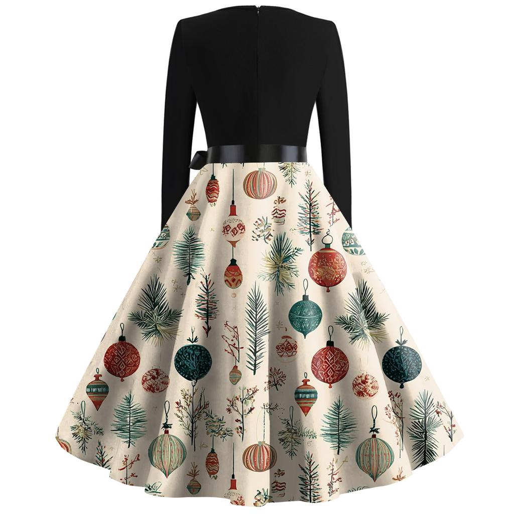Women's Fashion Casual Round Neck Christmas Print Long Sleeve Dress