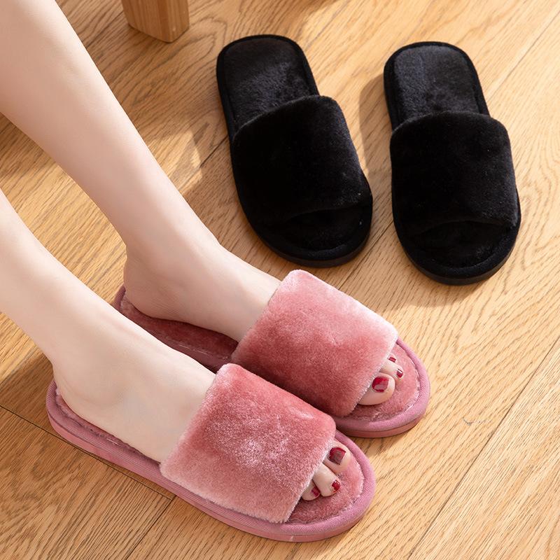 Autumn and Winter Home Warmth One-word Fluffy Slippers Korean Version Indoor Home Slip-resistant Cotton Slippers
