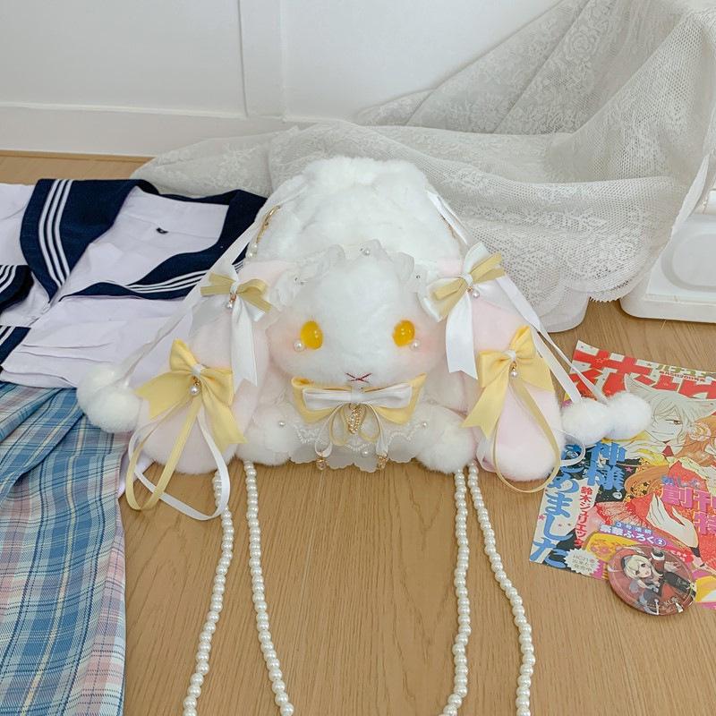Lolita Plüsch Hasen Tasche mit Schleife, Perlenkette und Herz Design - Süße Girly Umhängetasche