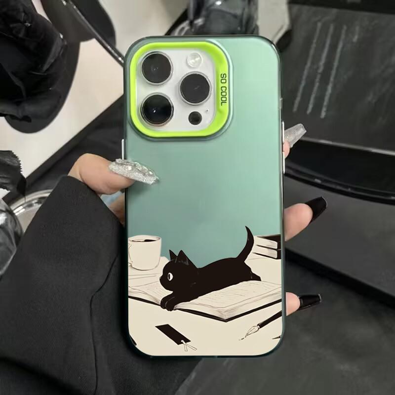 Cute Black Cat Pattern Electroplate Silver Phone Case For iPhone 16 Pro Max 15 Pro 14 13 12 11 7 8 Plus X XS XR Shockproof Cover