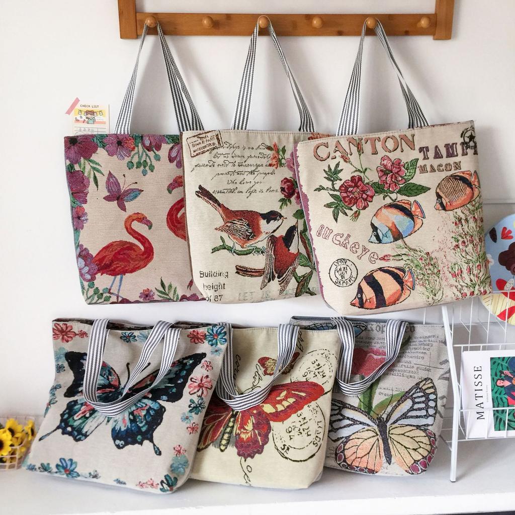 Canvas-Tasche Große Kapazität Canvas-Tasche Damen Doppellagig mit tragbar Einfache Webstickerei Schulter Reißverschluss Einkaufstasche Ethnischer Stil