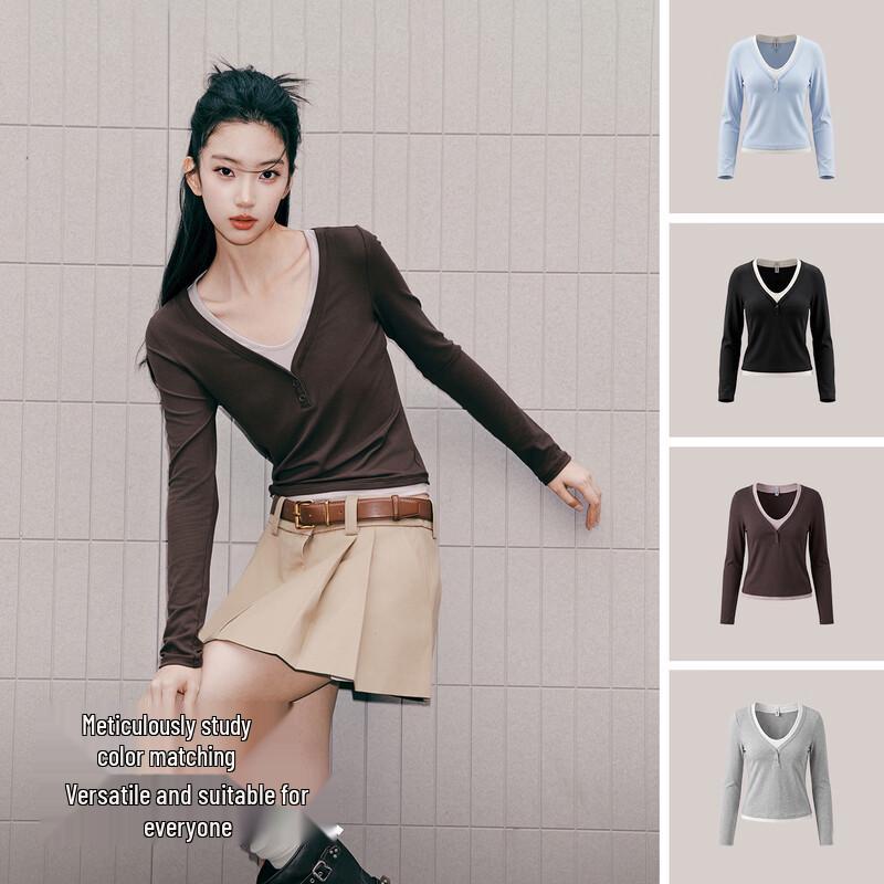 Semir Women's Fall 2026 V-Neck Colorblock Faux Two-Piece Slim Fit Long Sleeve Top