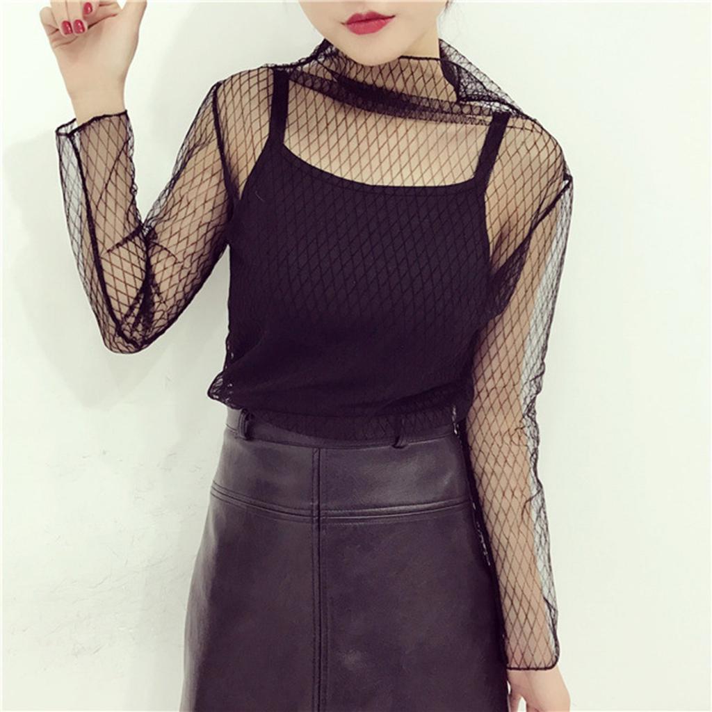 Sexy Black Mesh Long-sleeve Transparent 