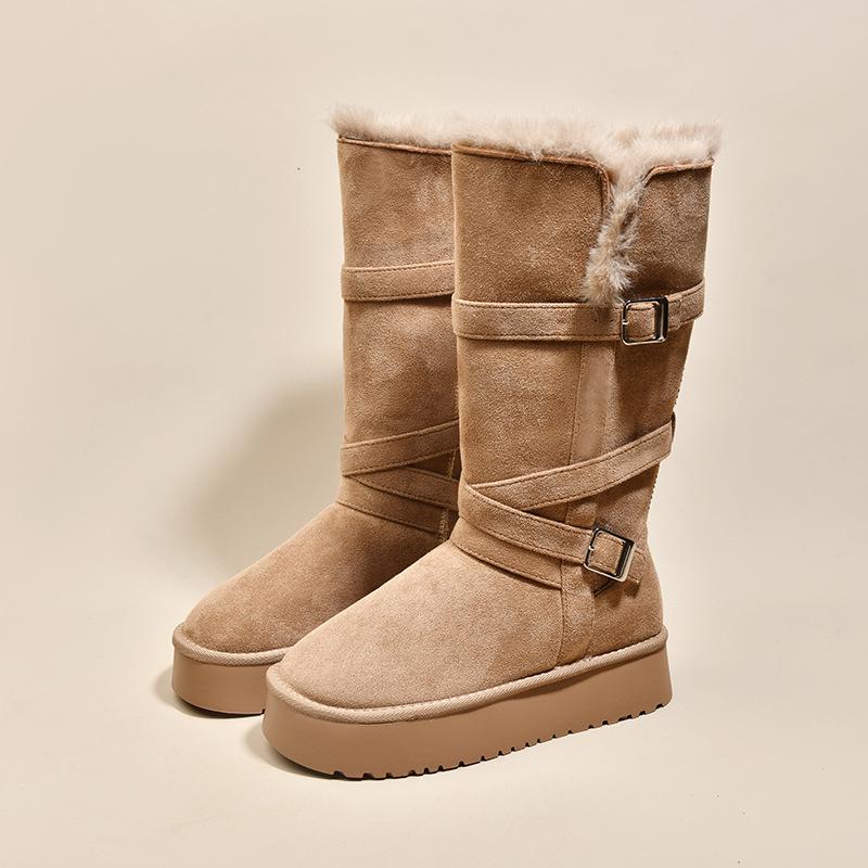 Damen Winterstiefel mit dicker Sohle, Fell, Steg für einen Fuß, leicht, warm, kälteabweisend, gepolstert, Schneestiefel, rutschfest, abriebfest, lässige Sneaker, lange Baumwollstiefel