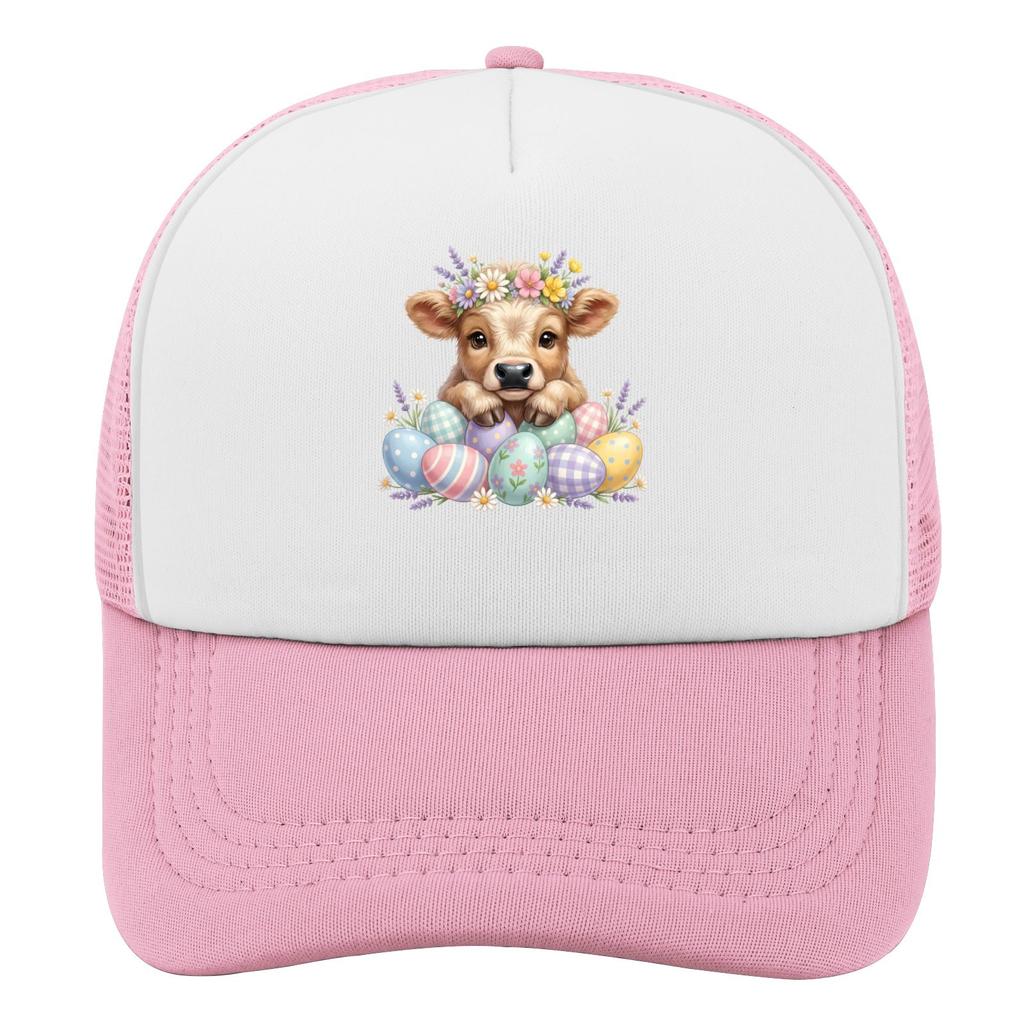 Adorable Highland Cow Easter Eggs Floral Wreath Trucker Hat Polyester Casual Adjustable Cap for Adults