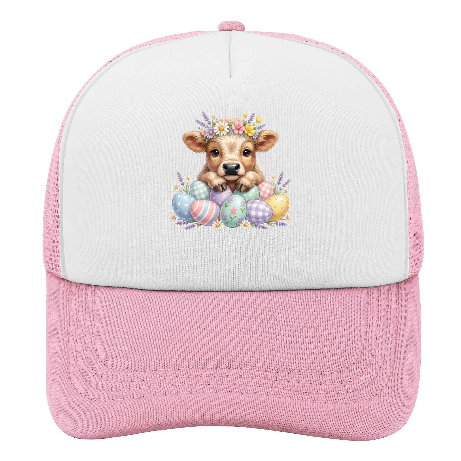

Adorable Highland Cow Easter Eggs Floral Wreath Trucker Hat Polyester Casual Adjustable Cap for Adults One Size