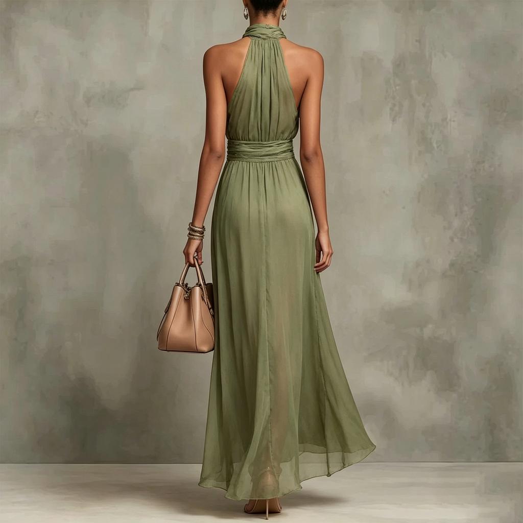 Women’s Neck Chiffon Maxi Dress Ruched Waist Sleeveless Flowy Long Dress Vacation Style Elegant Design