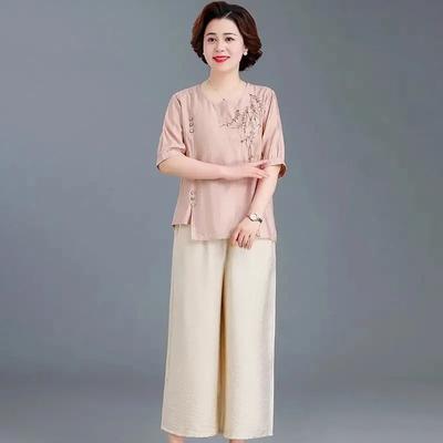 Mom's Summer Short-sleeved Cotton Linen T-shirts for Middle-aged Elderly Women's Loose Embroidered Tops