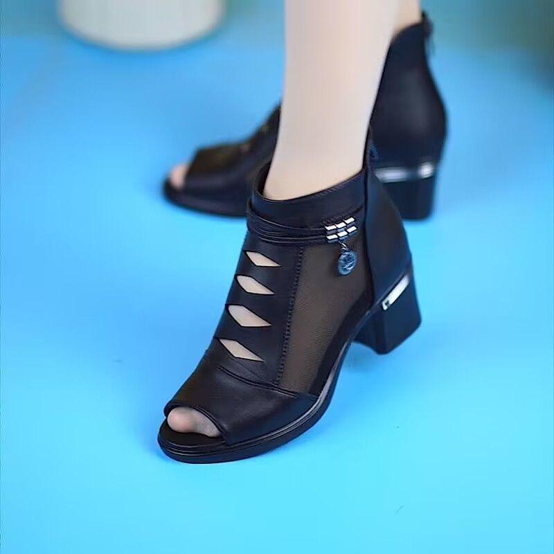 

Модные сандалии 2025 Новые сандалии-сетка на среднем каблуке Женские туфли на высоком каблуке Женские туфли на толстом каблуке Женская обувь Крутые ботинки Обувь Обувь для мамы 42 чёрный