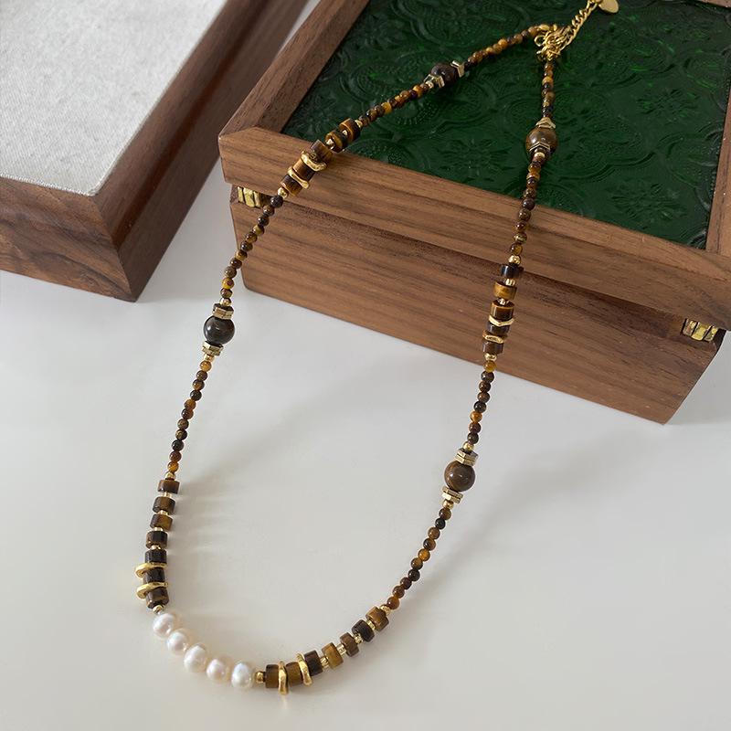 Tiger'S Eye Beaded Halskjede Maillard Oval Premium Genserkjede Titanium Stål Vintage Coffee Naturstein Clavicle Chain